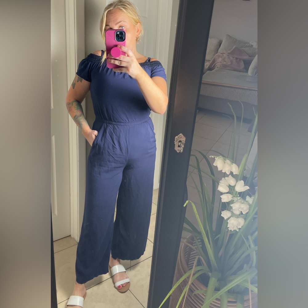 Navy Blue Off the Shoulder Jumpsuit with Pockets
